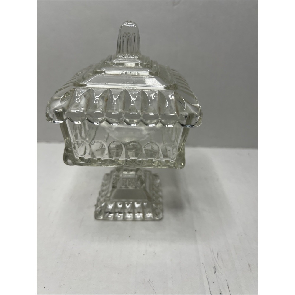 Vintage Jeanette Clear Glass Square Pedestal Candy Dish With Lid Wedding Box